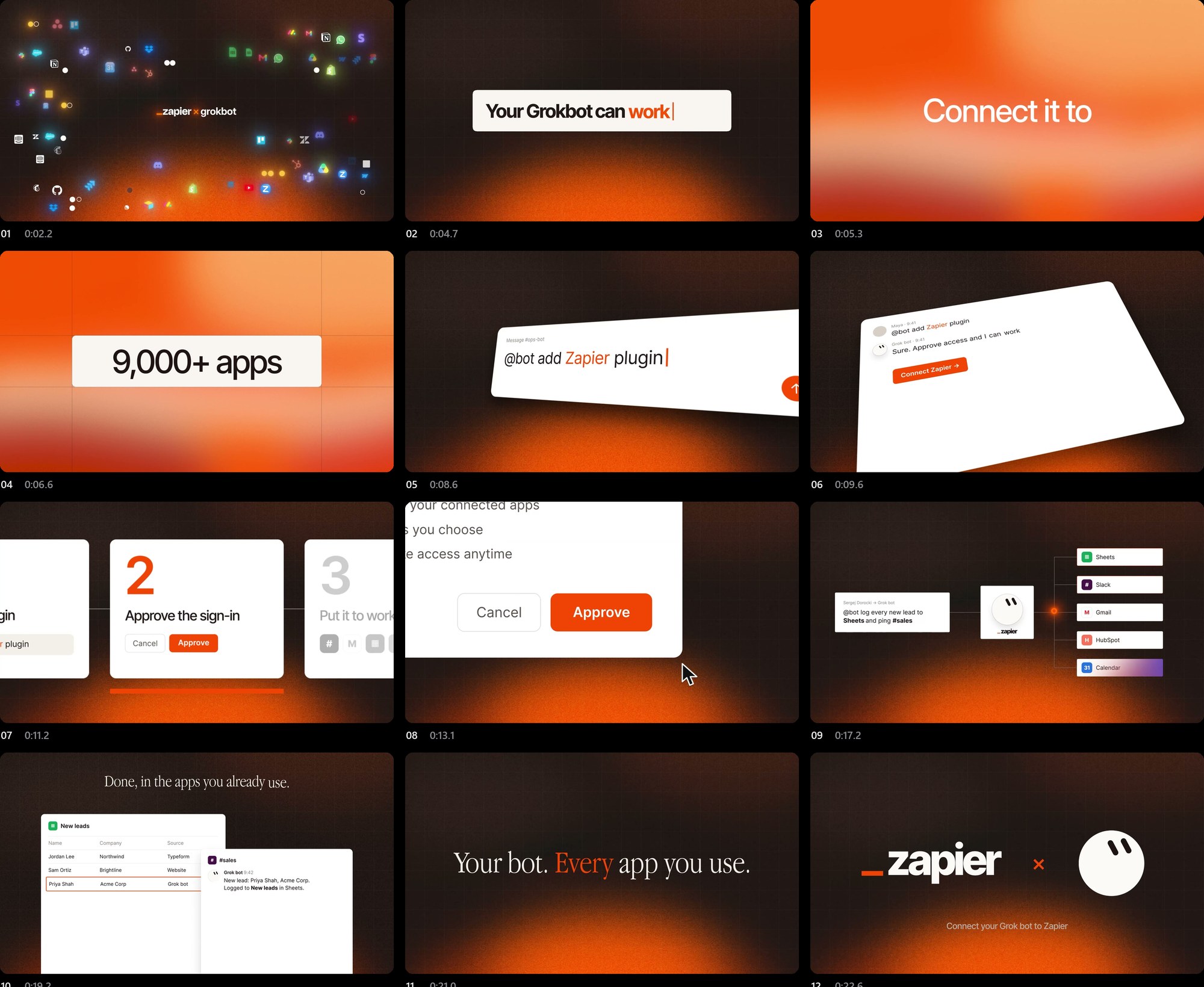 Zapier × Grokbot shot by shot: twelve frames of the film, from the logo burst to the zapier × grokbot lockup